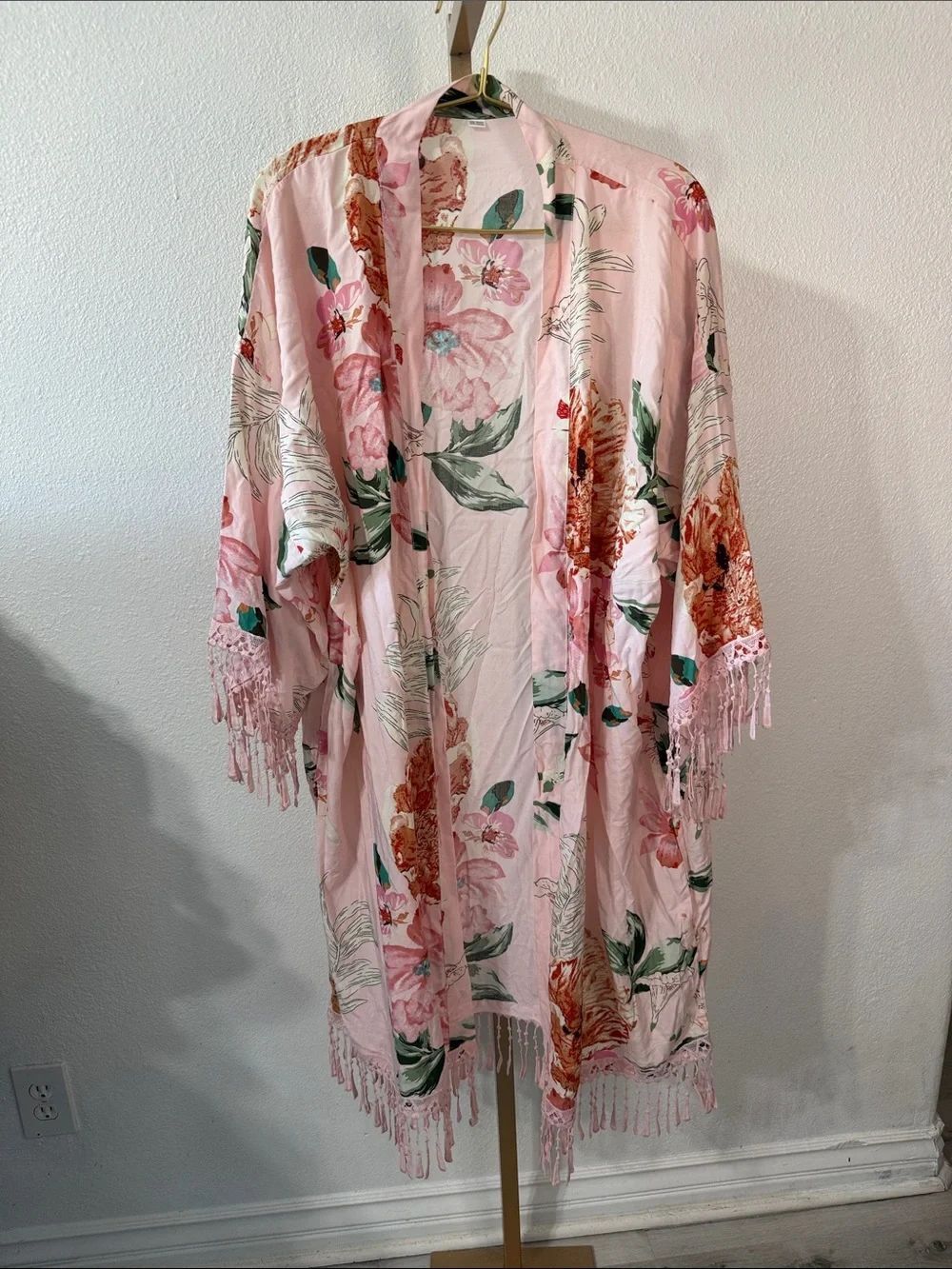 Pink Floral Fringe Kimono Jacket- Size XXL